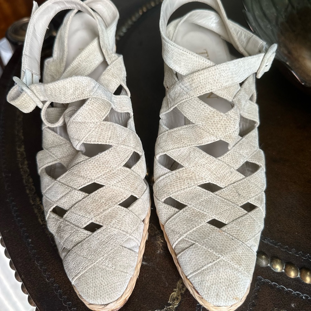 Vero Cuoio Beige Leather Woven Beaded Wedge Sandals US 8 Made in Italy boho